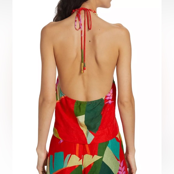 NEW FARM Rio Heliconia Halter Crop Top Red Linen Tropical, size L - Picture 4 of 13